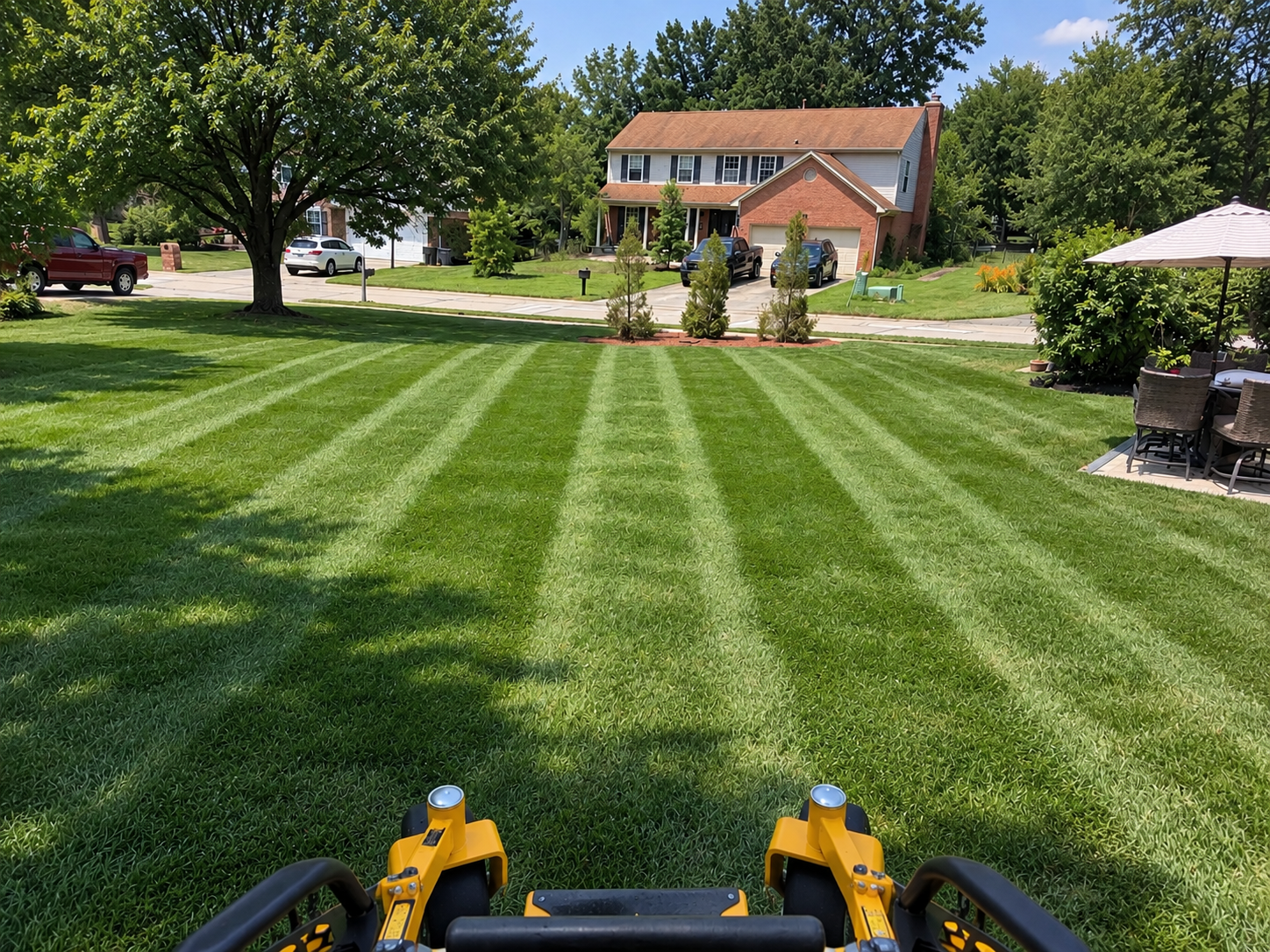 Freshly striped front lawn with crisp mowing lines